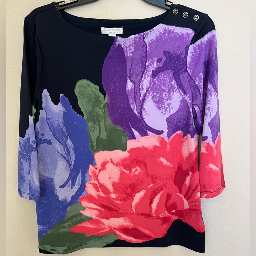 New Charter Club Women's Printed Boat-Neck Top Size petite large